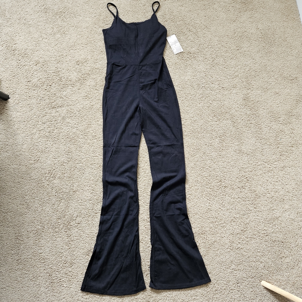 Black Spaghetti-Strap Flare Leg Jumpsuit - Casual or Workout